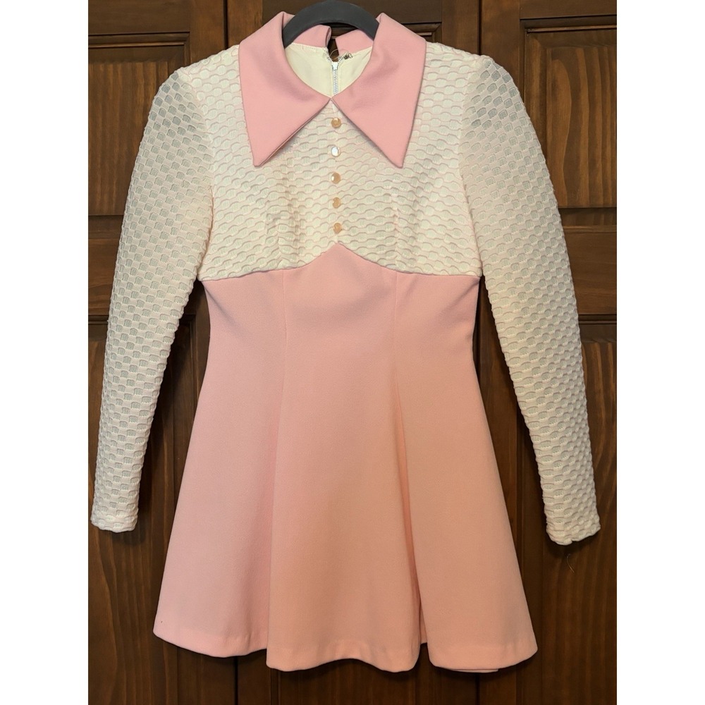 Vintage 60s Mod Mini Dress Bloomers Pink Lace Overlay Scallop Collar A-Line XS